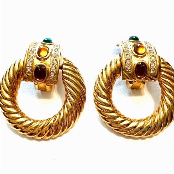 Vintage Gold Cabochon Hoop Earrings - Picture 3 of 6